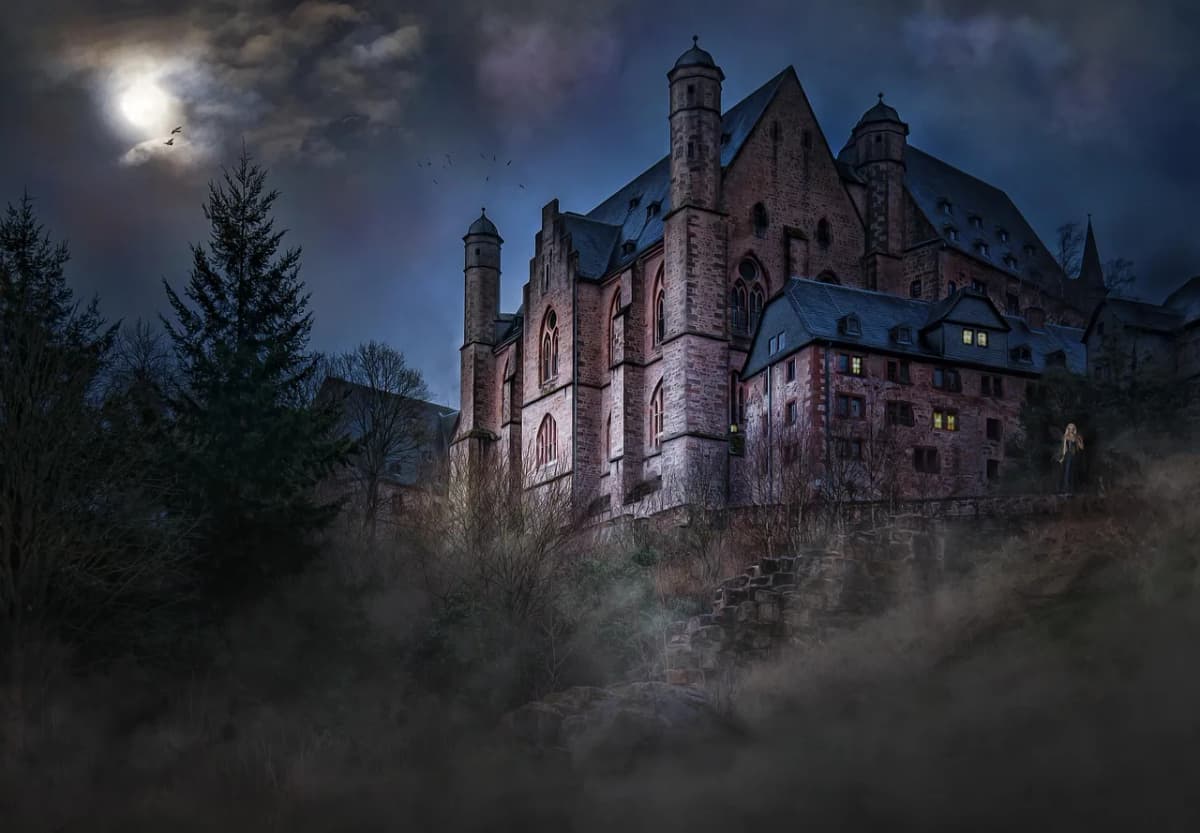 A haunted-looking medieval castle at night under a full moon