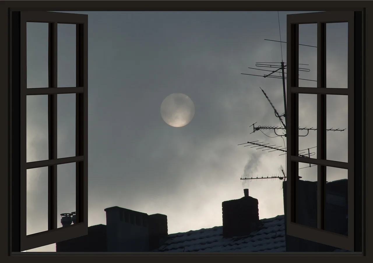An open window at night with a full moon visible above rooftops