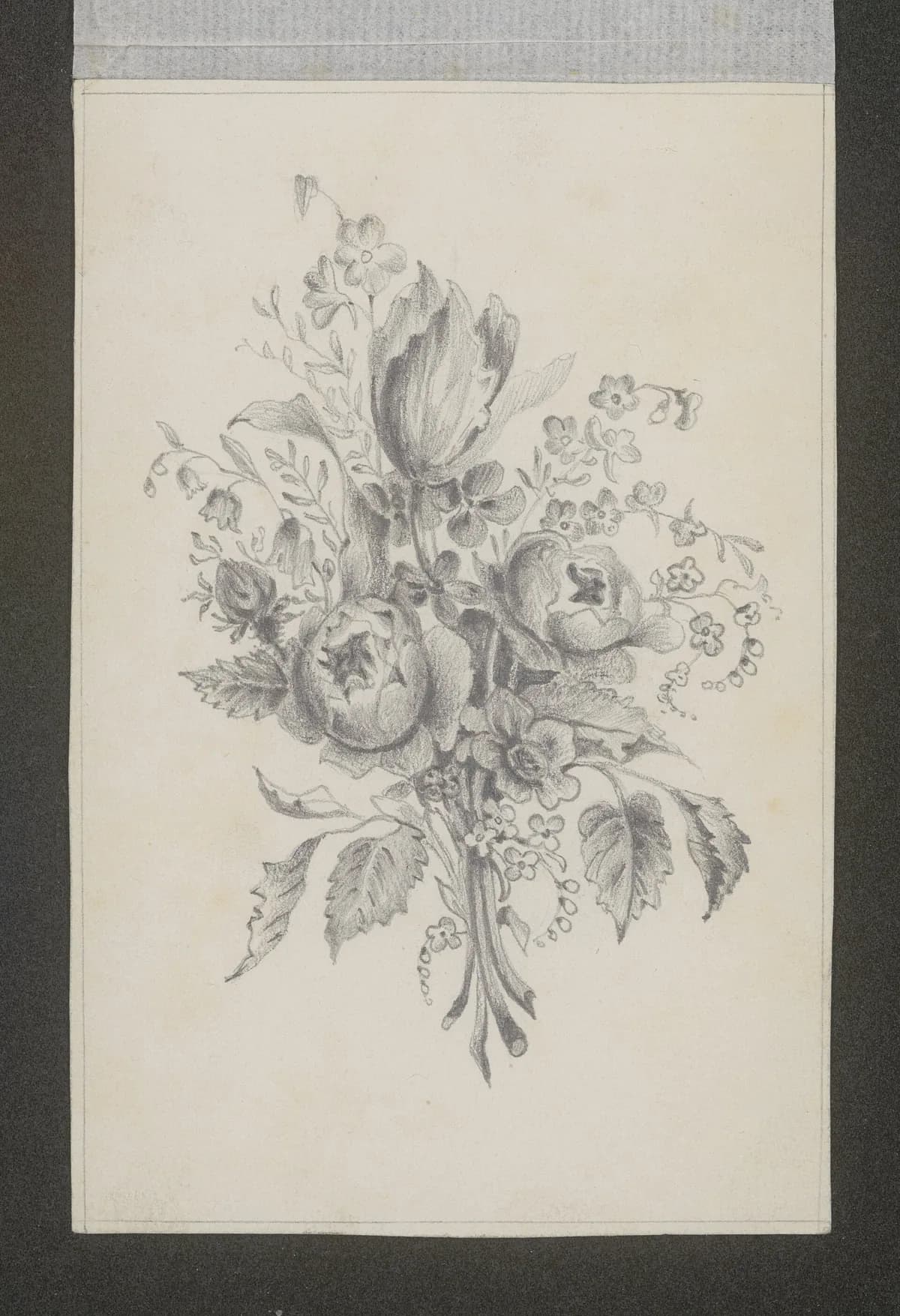 A vintage pencil drawing of a flower bouquet featuring tulips, roses, and small blossoms, dated to the 19th century