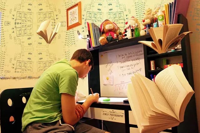 Student hunched over a desk surrounded by open books, representing the effort of studying a difficult language