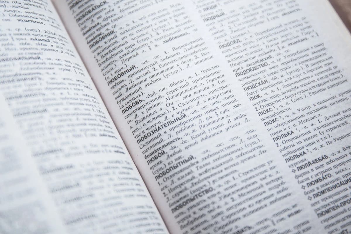 Close-up of an open dictionary showing vocabulary entries — Photo by freestocks.org on Pexels