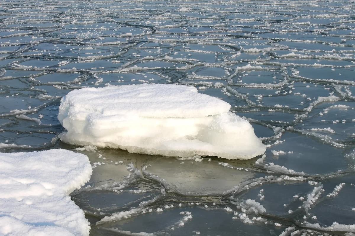 Ice floes on the frozen Baltic Sea in winter