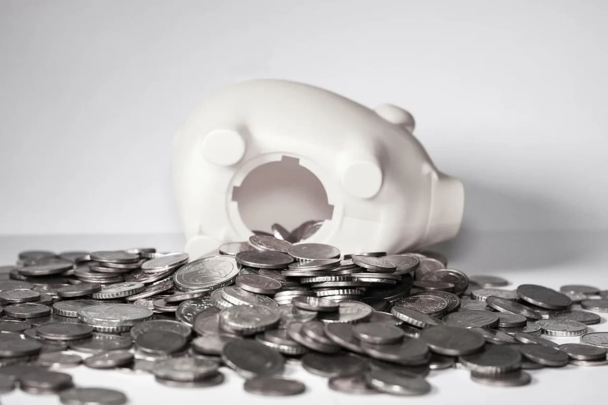 Coins and a piggy bank, representing the frugality stereotype at the heart of the "cebulak" joke