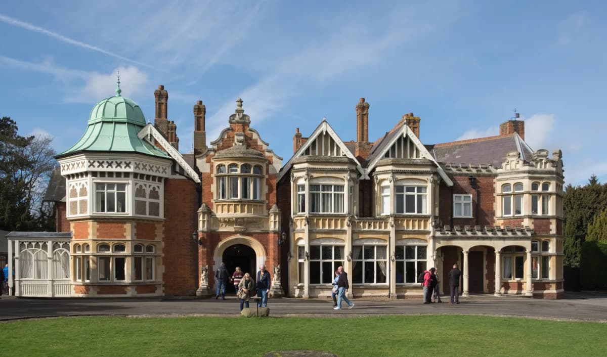 The redbrick Victorian mansion at Bletchley Park, England, viewed from the front lawn