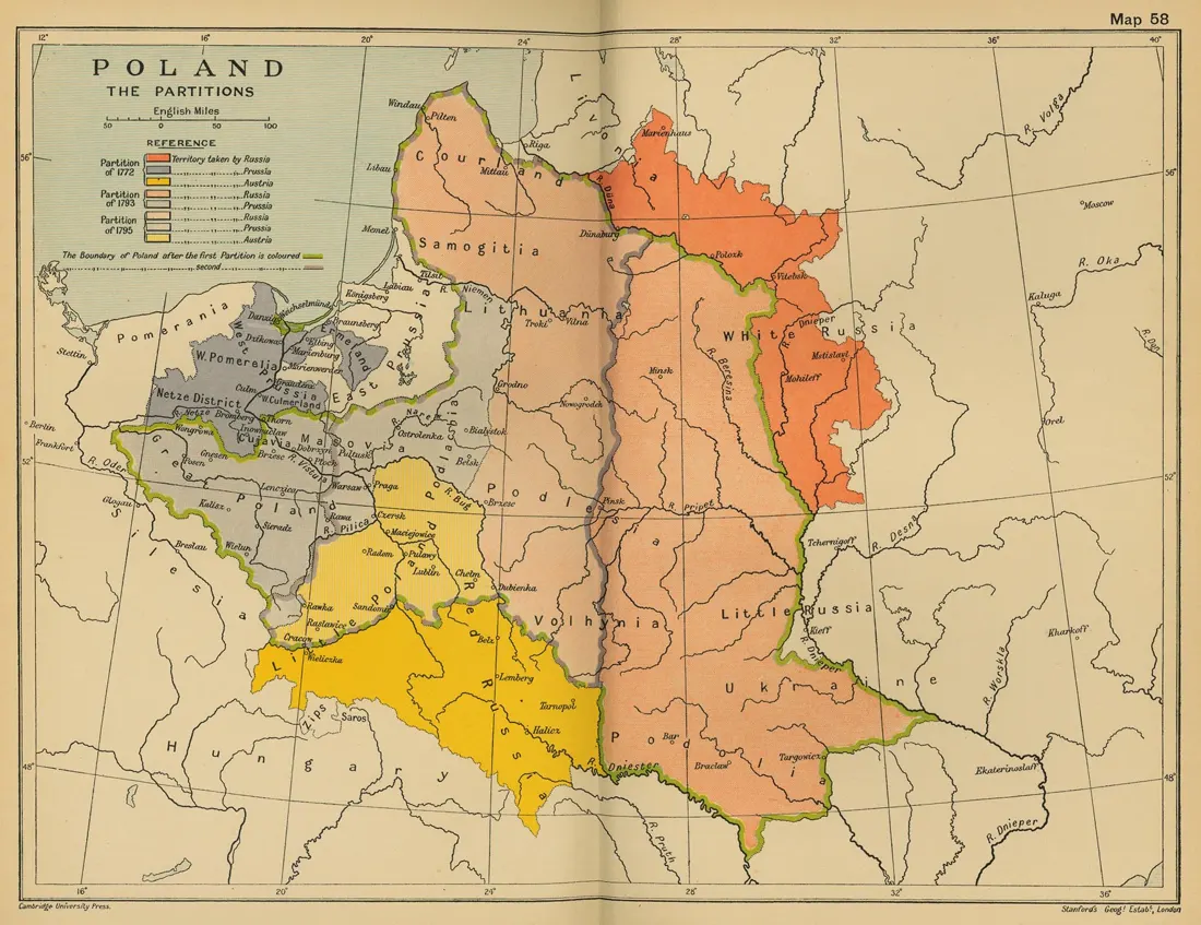 A historical map illustrating how Polish survived 123 years without a country, showing Poland divided among Russia, Prussia, and Austria