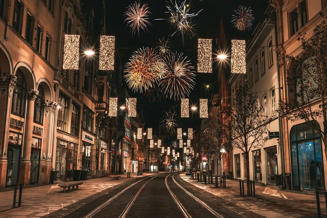 Fireworks lighting up the night sky during a Sylwester celebration in Poland