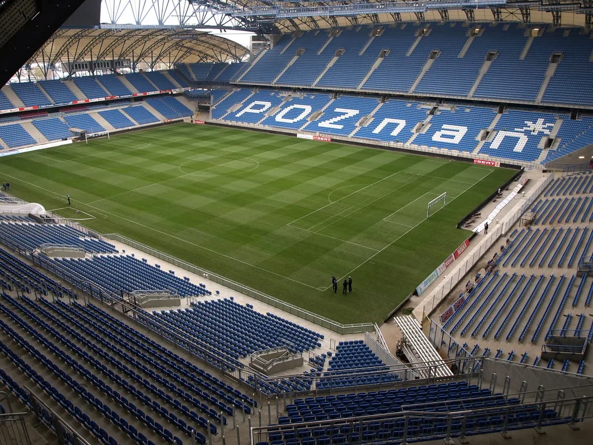 Aerial view inside Lech Poznań's stadium with seats spelling POZNAN, one of the top Polish football clubs