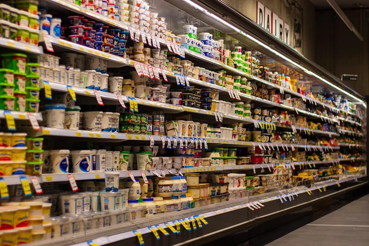 A supermarket dairy aisle stocked with rows of yogurt and dairy products under refrigerated lighting