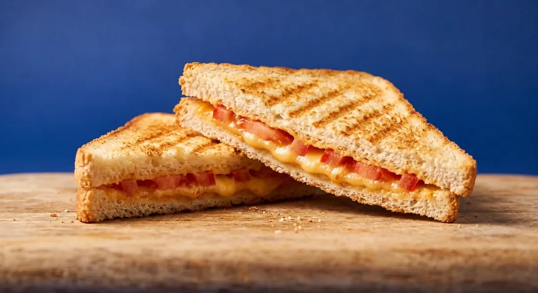 A toasted sandwich with melted cheese and tomato, similar in style to a classic zapiekanka