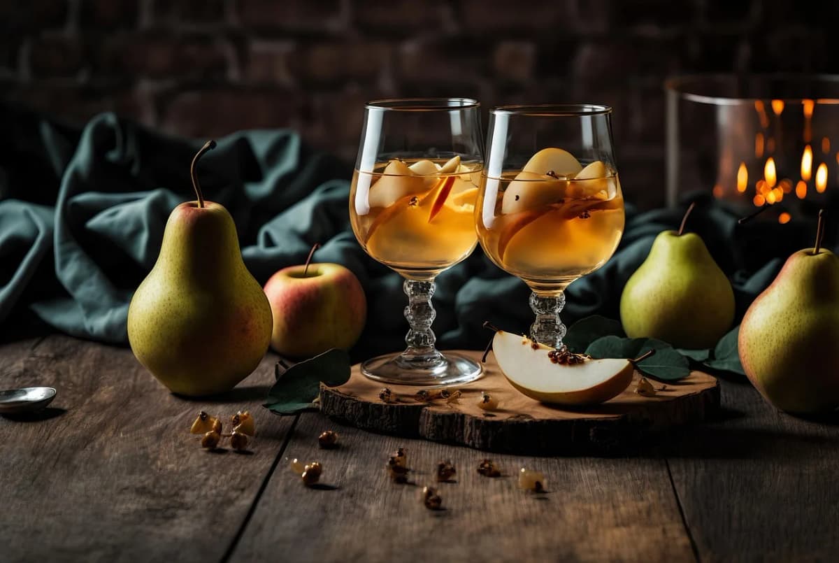 Fruit-garnished cocktail glasses on a wooden table