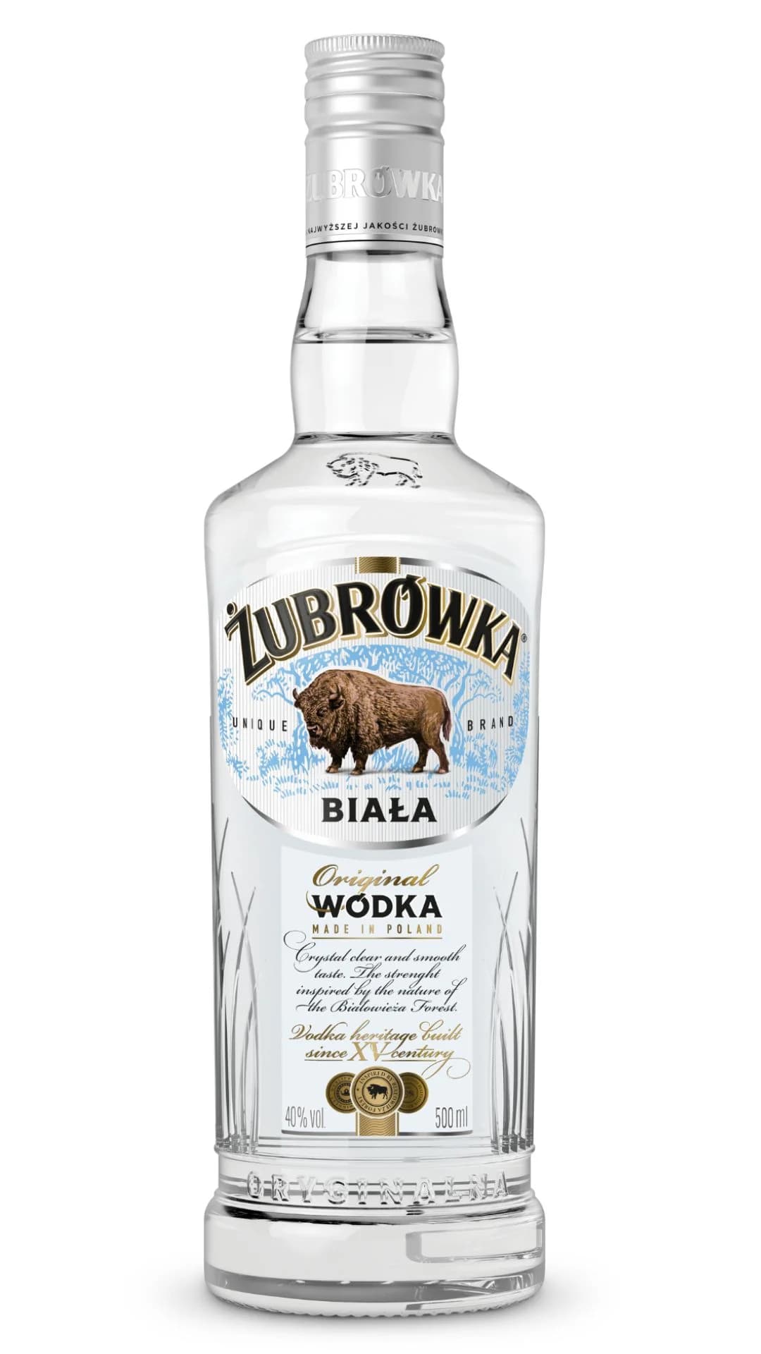 Bottle of clear Żubrówka Biała vodka