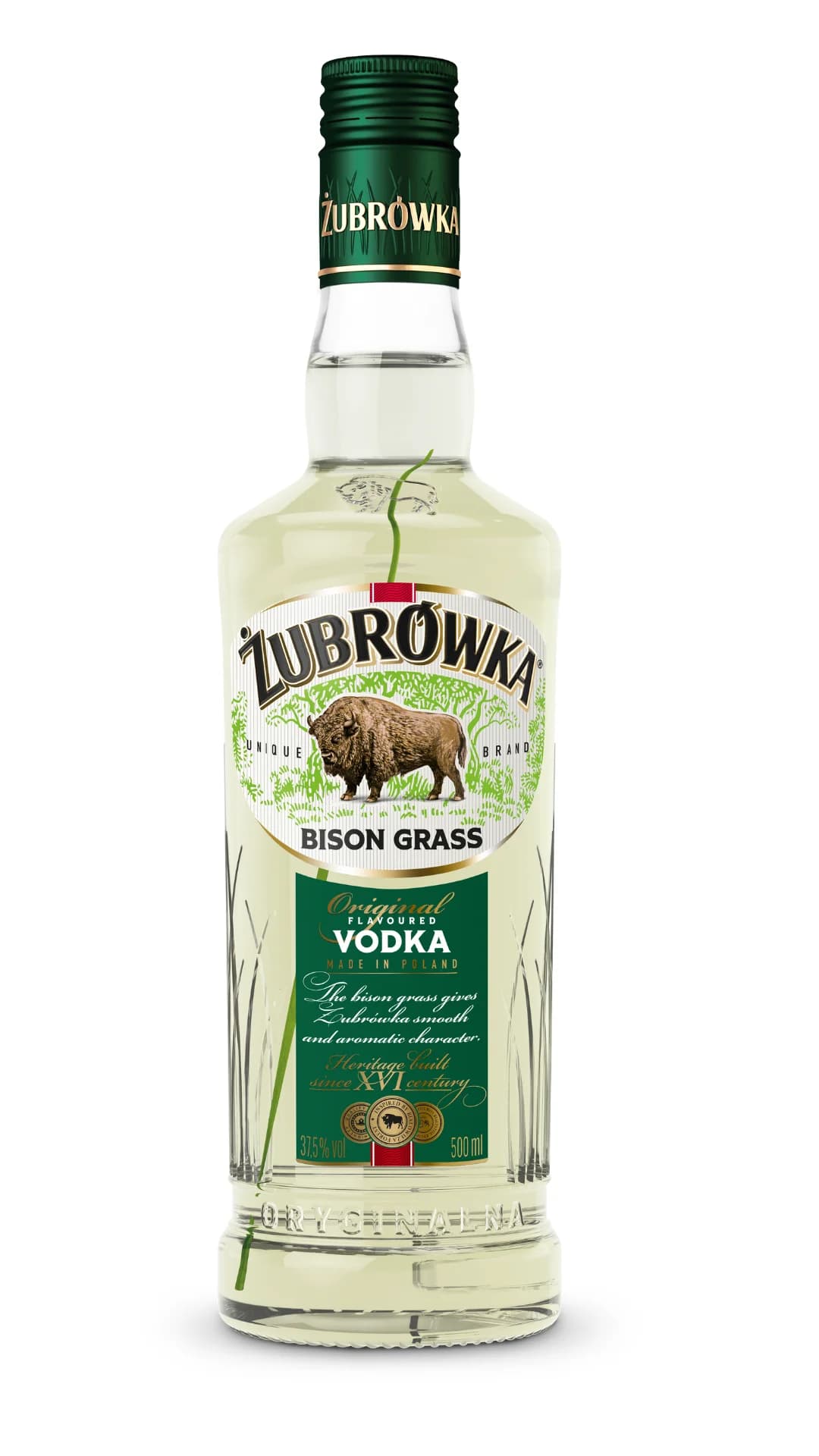 Bottle of original Żubrówka Bison Grass vodka with a blade of grass visible inside
