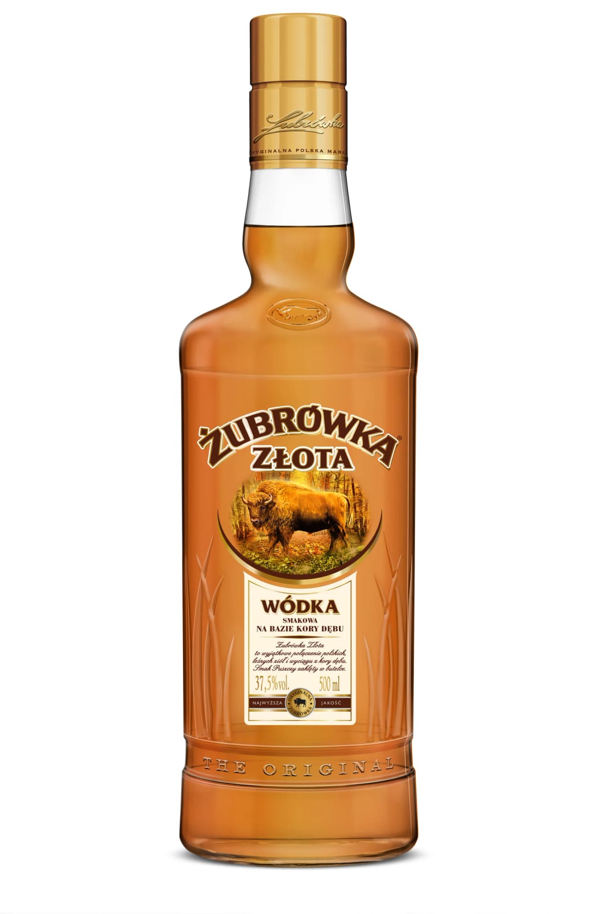 Bottle of amber Żubrówka Złota vodka