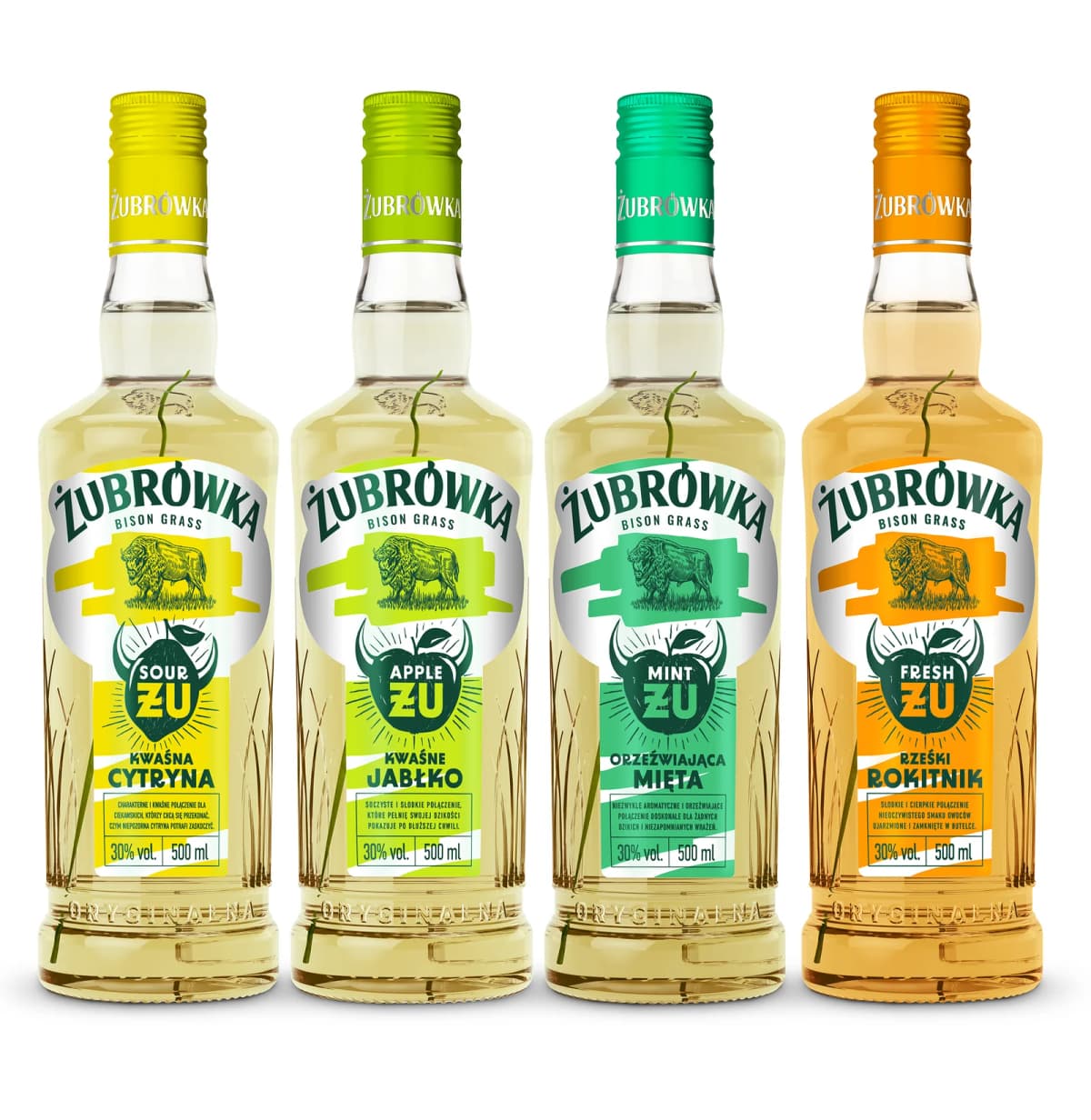 Four Żubrówka ŻU flavored bottles: lemon, apple, mint, and sea buckthorn