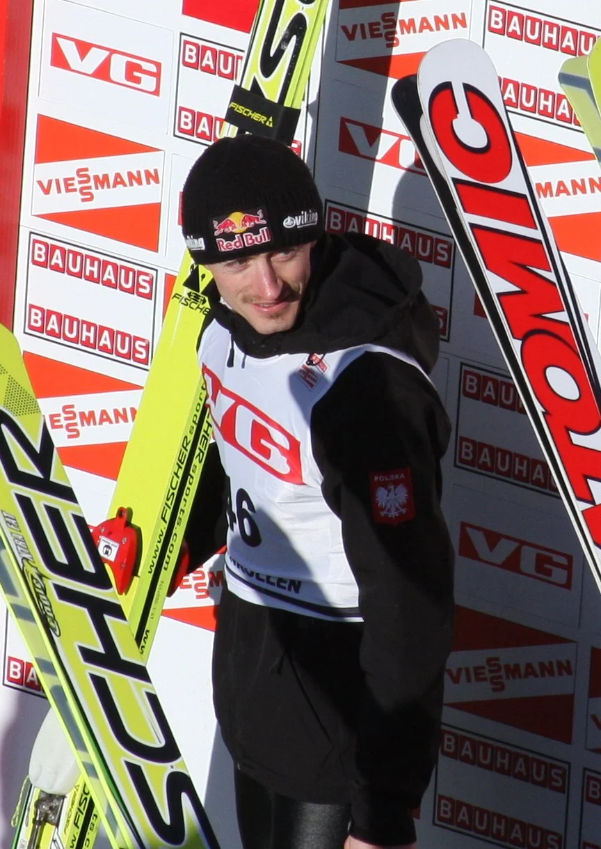 Adam Malysz wearing the Polish national team jacket after a competition