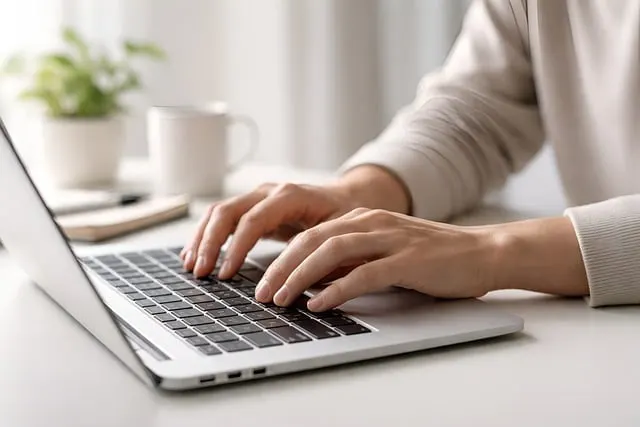 A close-up of two hands actively typing on a laptop keyboard at a desk