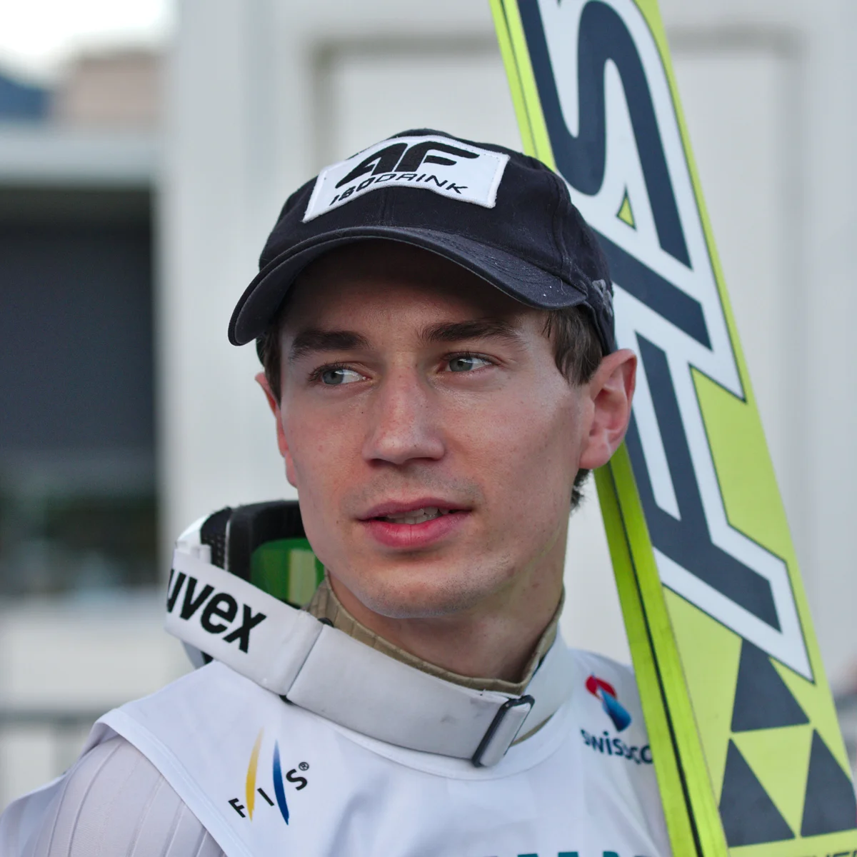 Kamil Stoch pictured at the 2014 FIS Sommer Grand Prix, holding his skis