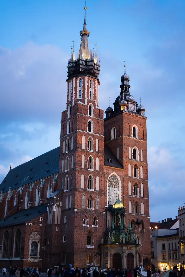 St. Mary's Basilica in Krakow, whose towers inspire most Krakow nativity scene spires