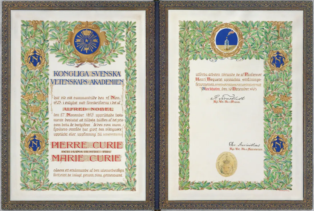 The 1903 Nobel Prize diploma awarded jointly to Pierre Curie and Marie Curie