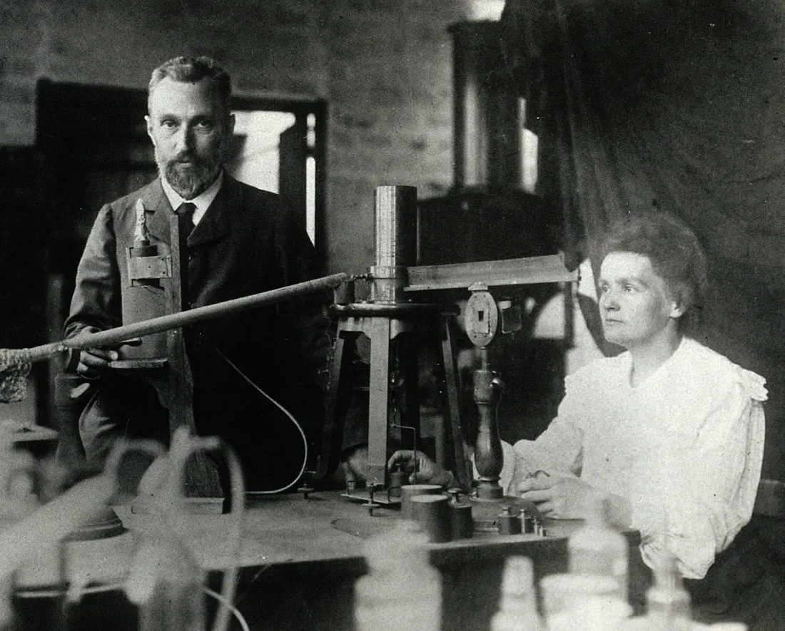 Pierre and Marie Curie working together in their laboratory