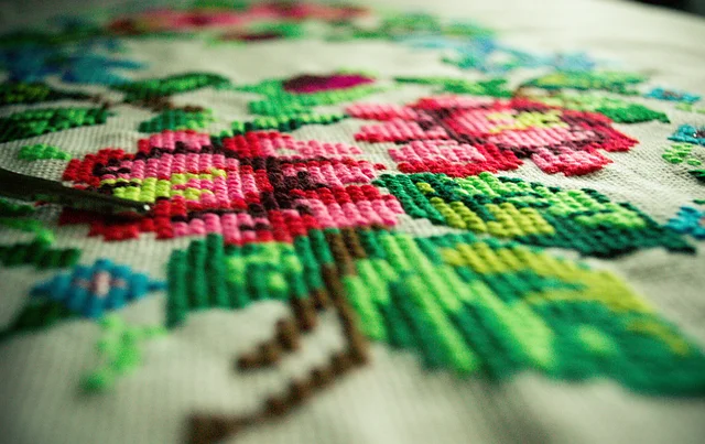 Cross-stitch floral embroidery, representing the folk craft heritage tied to traditional Polish naming customs