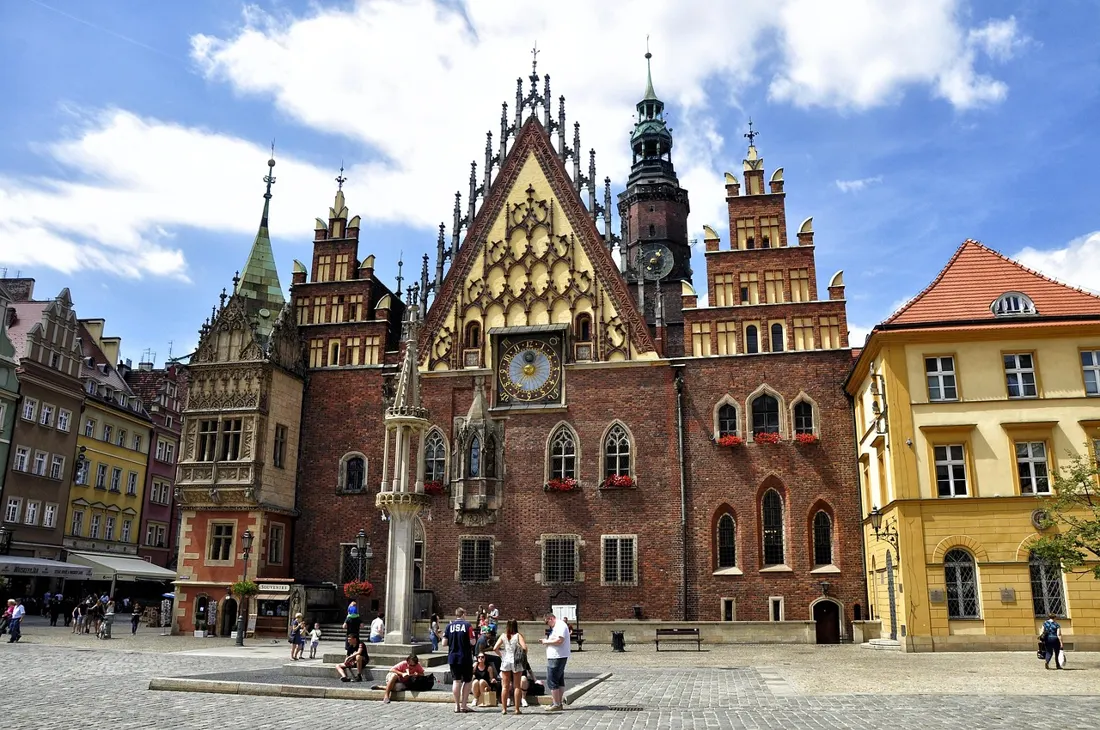 Wroclaw's Old Town market square near the historic Town Hall, where gnome density is highest
